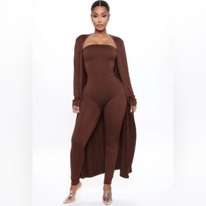 Brown jumpsuit with cardigan